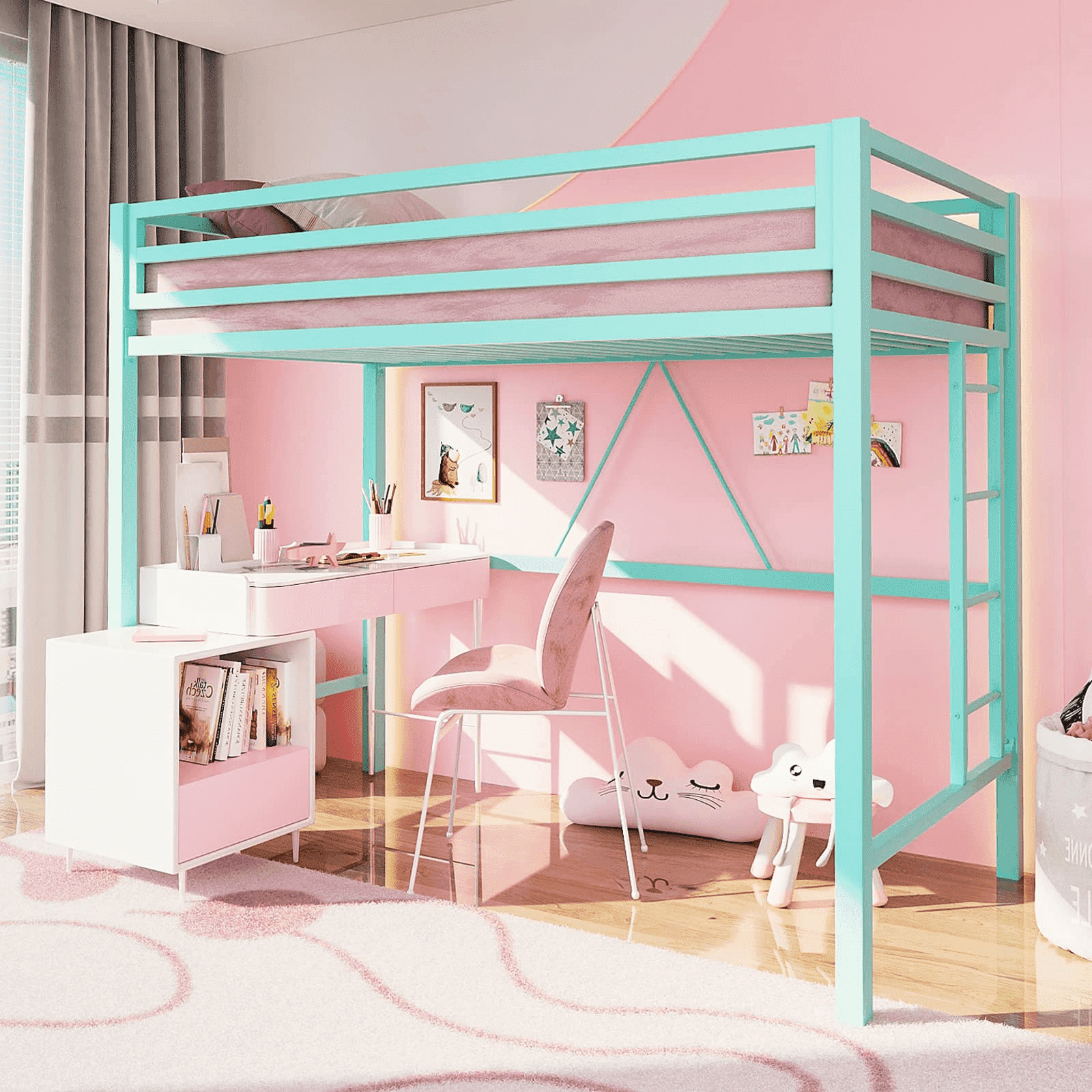Einfach Metal Twin Size Loft Bed with Full-Length Guardrail