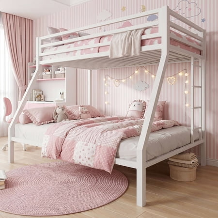 Einfach Metal Twin over Full Size Bunk Bed Frame with Full-Length Guardrail & Removable Stair, White