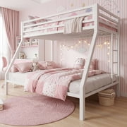 Einfach Metal Twin over Full Size Bunk Bed Frame with Full-Length Guardrail & Removable Stair, White