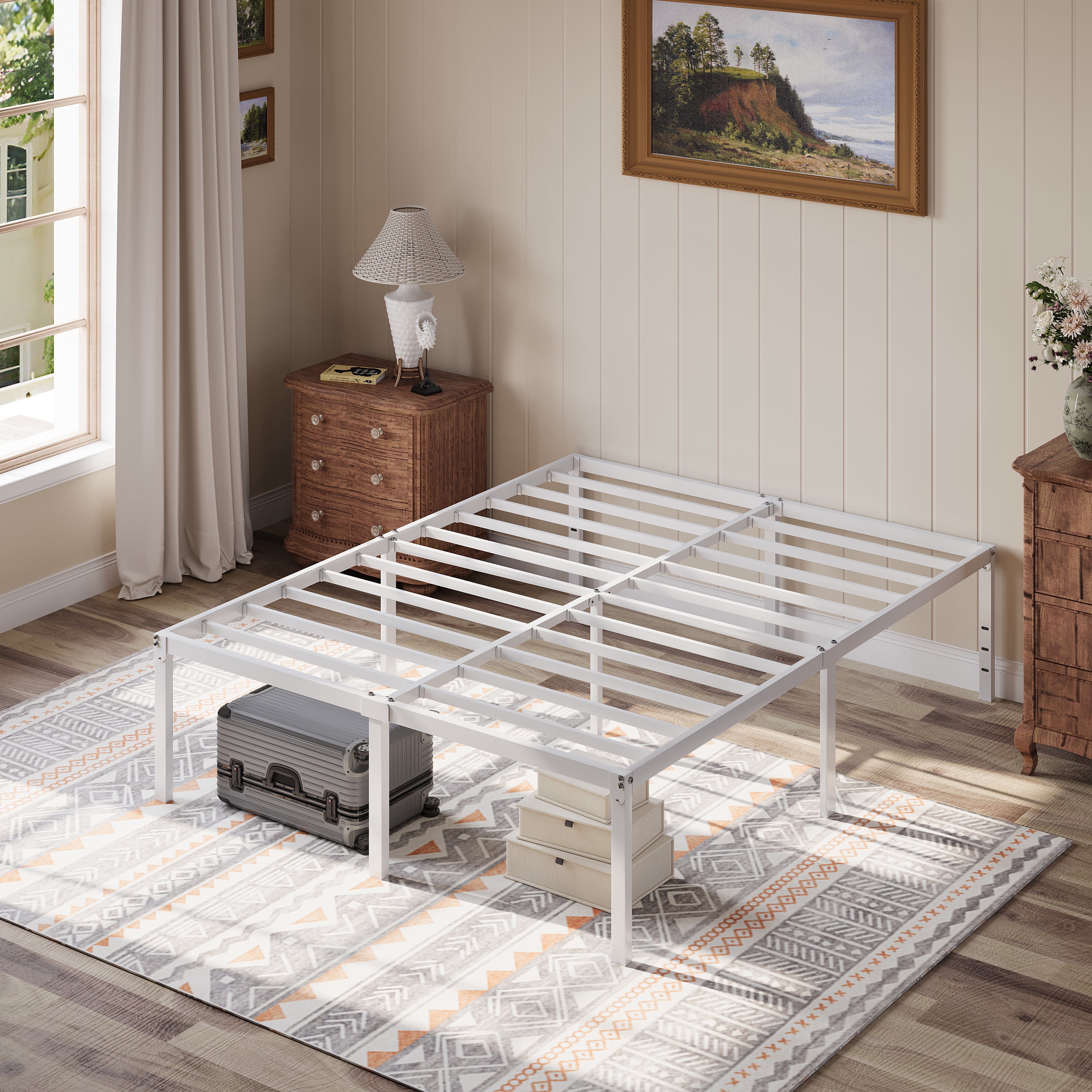 Einfach Queen Bed Frame, 18'' Metal Platform Bed with 16.6'' Under-Bed Storage Space, Heavy Duty, No Box Spring Needed, White