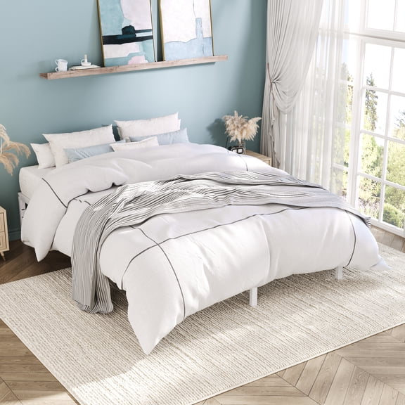 Einfach Queen Bed Frame, Heavy Duty Metal Platform Bed with Ample Under-bed Storage Space, No Box Spring Needed, White