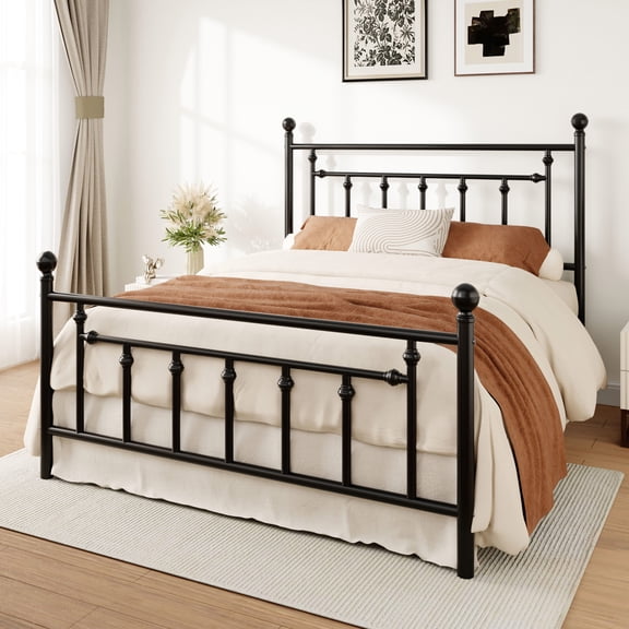 Einfach Queen Bed Frame, Metal Platform Bed Frame with Vintage Style Headboard, Black