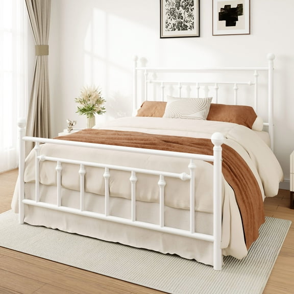 Einfach Queen Bed Frame, Metal Platform Bed Frame with Vintage Style Headboard, White