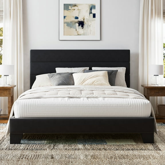 Einfach Queen Bed Frame, Platform Bed Frame with Panel Upholstered Velvet Headboard, Black