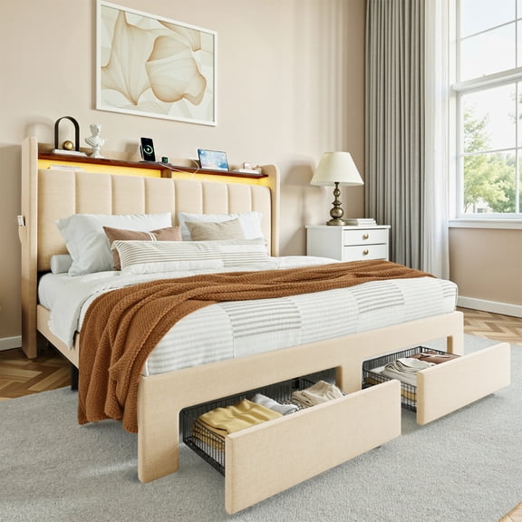 Einfach Queen Bed Frame, Storage Bed with Built-In Charging Station, Linen Upholstered Wingback Headboard, Beige