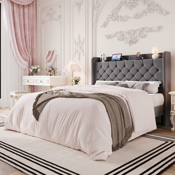 Einfach Queen Bed Frame, Upholstered Platform Bed with Storage Wingback Headboard and Fast Charging Hub, No Box Spring Required, Gray