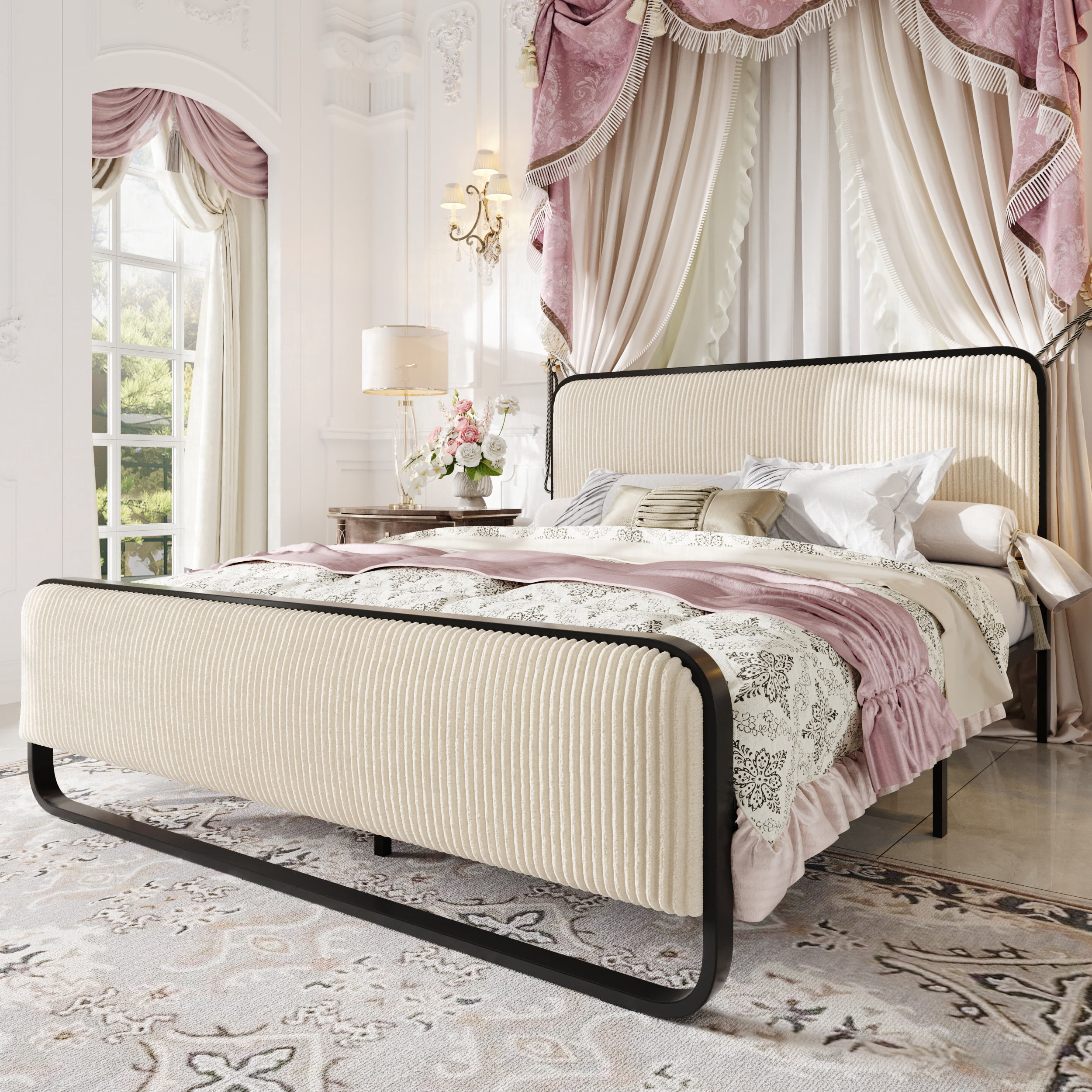 Einfach Queen Bed Frame, Upholstered Platform Bed with Velvet Curved Headboard and Footboard, No Box Spring Needed, 1000 LBS Capacity, Cream White