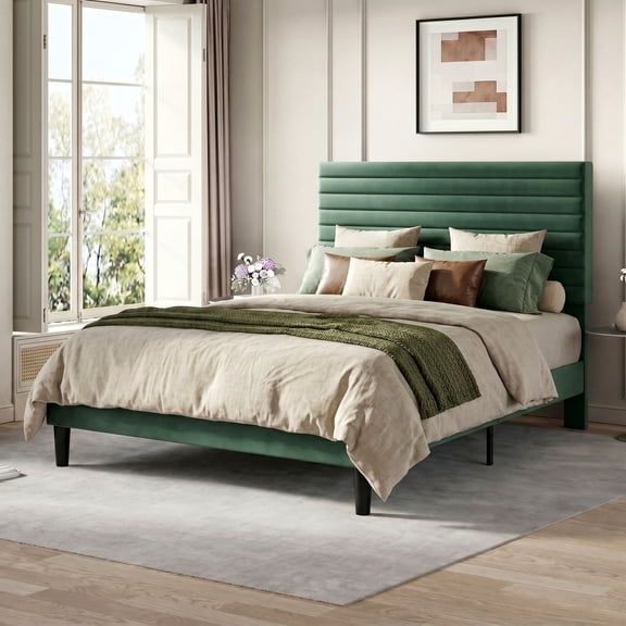Einfach Queen Size Bed Frame, Velvet Upholstered Platform Bed with Adjustable Headboard, Horizontal Channel Design, No Box Spring Needed, Green