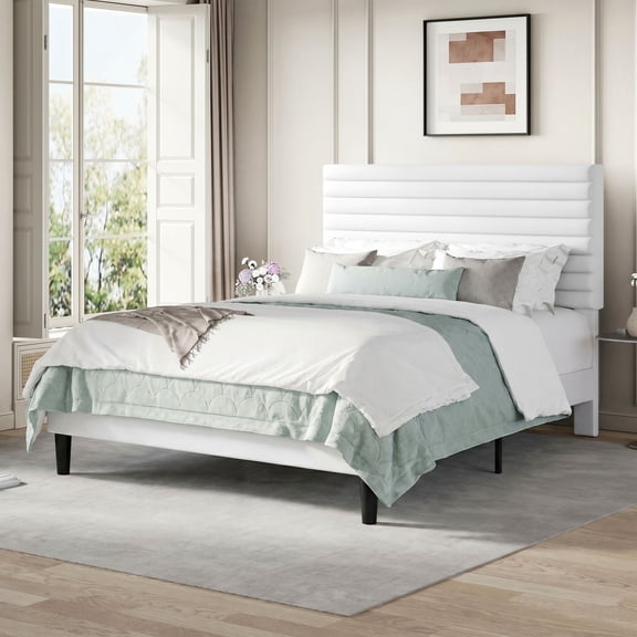 Einfach Queen Bed Frame, Velvet Upholstered Platform Bed with Adjustable Headboard, Horizontal Channel Design, Wood Slat Support, No Box Spring Needed, Noise Free, Easy Assembly, White