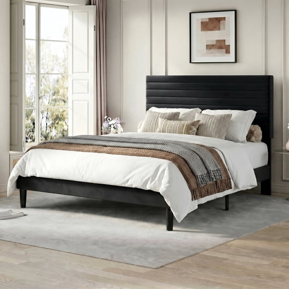 Einfach Queen Size Bed Frame, Velvet Upholstered Platform Bed with Adjustable Headboard, Horizontal Channel Design, No Box Spring Needed, Black