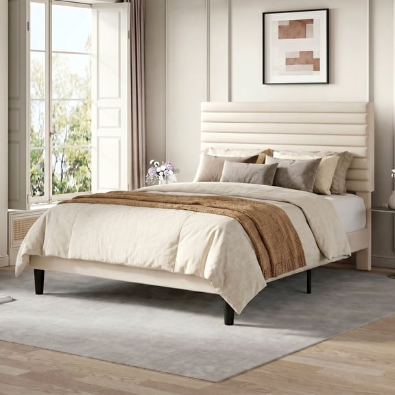 Einfach Queen Bed Frame, Velvet Upholstered Platform Bed with Adjustable Headboard, Horizontal Channel Design, Wood Slat Support, No Box Spring Needed, Noise Free, Easy Assembly, Cream White