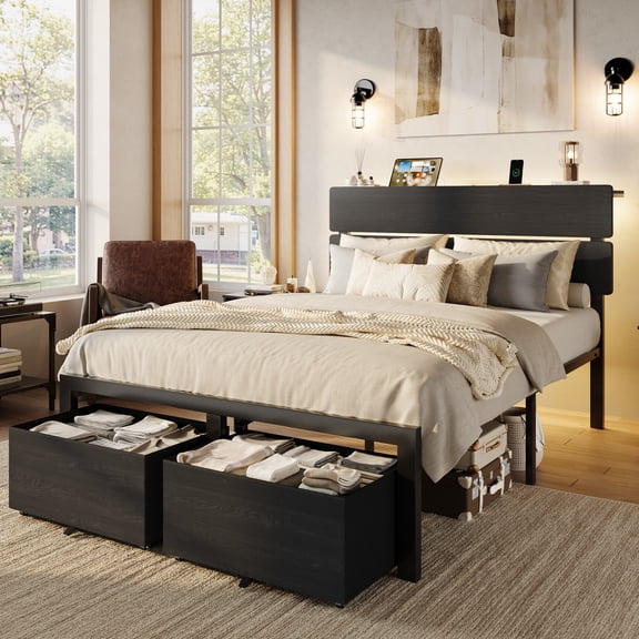 Einfach Queen Bed Frame with 2 Large‑Capacity Drawers, LED Wooden Storage Headboard and Charging Station, No Box Spring Required, Black