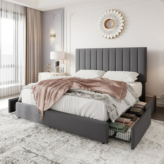 Einfach Queen Bed Frame with Adjustable Upholstered Velvet Headboard and 4 Storage Drawers, No Box Spring Required, Gray