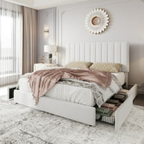 Einfach Queen Bed Frame with Adjustable Upholstered Velvet Headboard and 4 Storage Drawers, No Box Spring Required, White