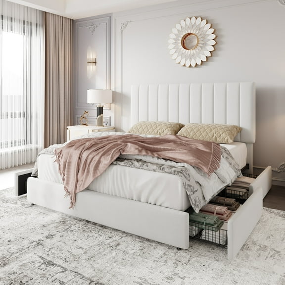 Einfach Queen Bed Frame with Adjustable Upholstered Velvet Headboard and 4 Storage Drawers, No Box Spring Required, White