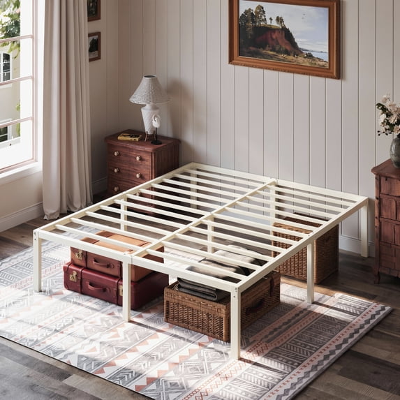 Einfach Queen Bed Frame with Ample Under-Bed Storage Space, Heavy Duty, No Box Spring Needed, Cream White