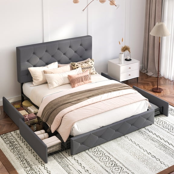 Einfach Queen Fabirc Platform Bed with 4 Big Storage Drawers, Diamond Button Tufted Adjustable Headboard, Dark Grey