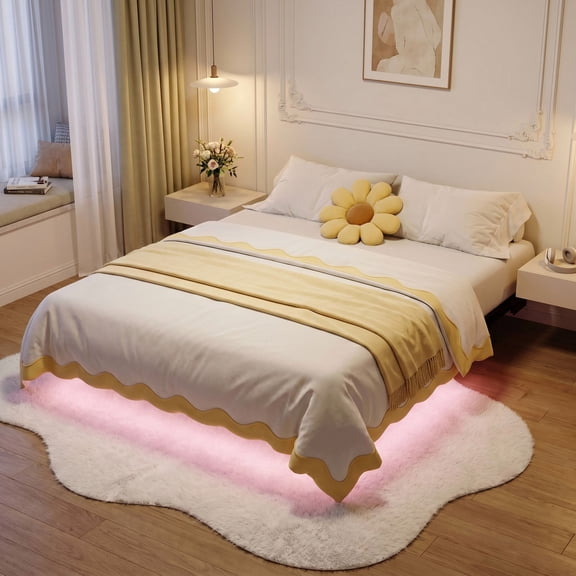 Einfach Queen Floating Bed Frame, Metal Platform Bed with Smart LED Lights and Charging Station, No Box Spring Needed, Black