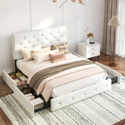 Einfach Queen Leather Platform Bed with 4 Big Storage Drawers, Diamond Button Tufted Adjustable Headboard, White