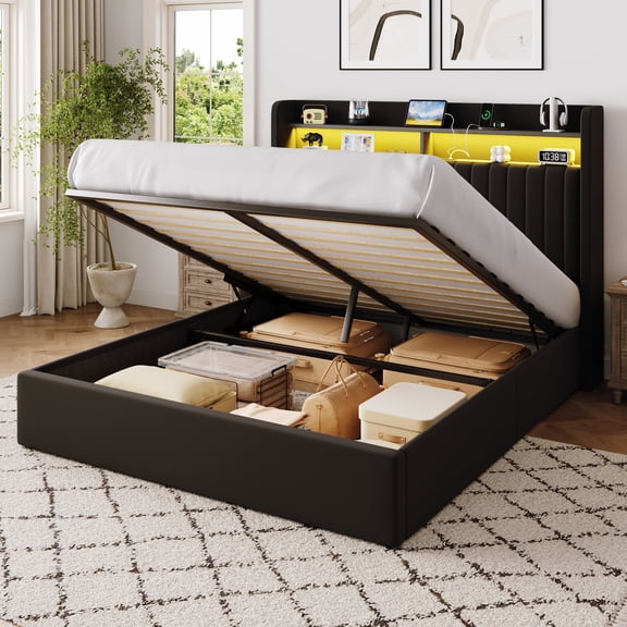 Einfach Queen Lift Up Storage Bed Frame, Hydraulic Bed with LED Wingback Headboard, Fast Charging Station and 2-Tier Shelves, Black