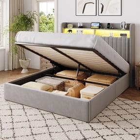 Einfach Queen Lift Up Storage Bed Frame, Hydraulic Bed with LED Wingback Headboard, Fast Charging Station and 2-Tier Shelves, Gray