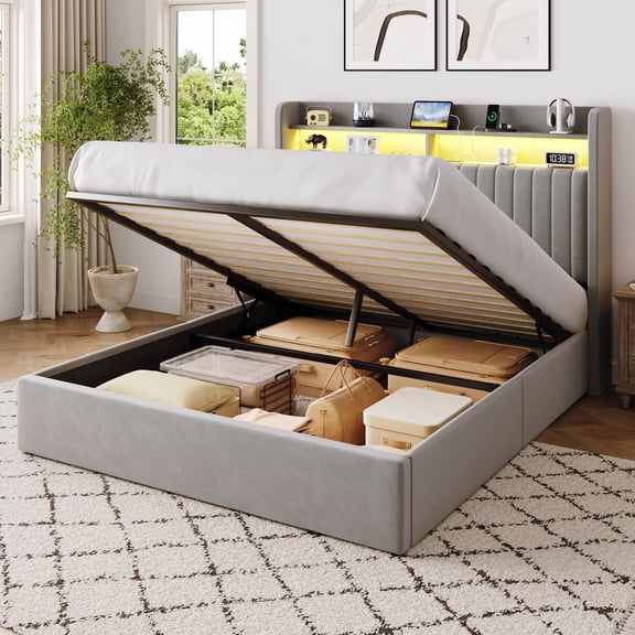 Einfach Queen Lift Up Storage Bed Frame, Hydraulic Bed with LED Wingback Headboard, Fast Charging Station and 2-Tier Shelves, Gray