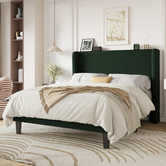 Einfach Queen Luxury Channel-Tufted Corduroy Velvet Platform Bed Frame with Wingback Headboard, Green