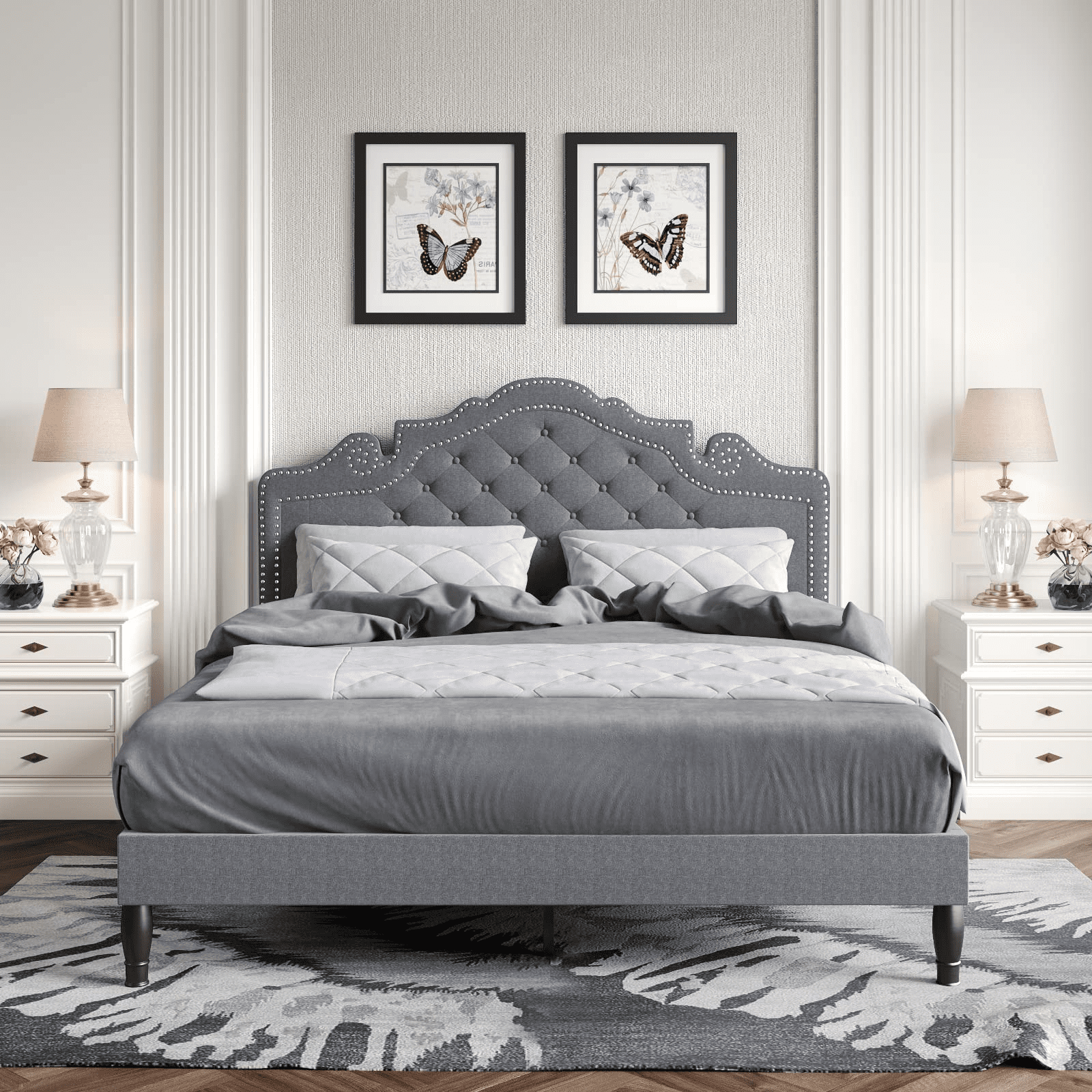 Einfach Queen Platform Bed Frame with Diamond Button Tufted and