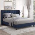 thumbnail image 1 of Einfach Queen Linen Fabric Platform Bed with Upholstered Wingback Headboard, Blue, 1 of 7