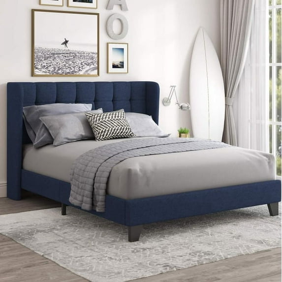 Einfach Queen Linen Fabric Platform Bed with Upholstered Wingback Headboard, Blue
