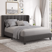 Einfach Queen Platform Bed Frame with Upholstered Wingback Linen Fabric Square Stitched Headboard, Dark Grey