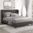 thumbnail image 1 of Einfach Queen Linen Fabric Platform Bed with Upholstered Wingback Headboard, Dark Grey, 1 of 8