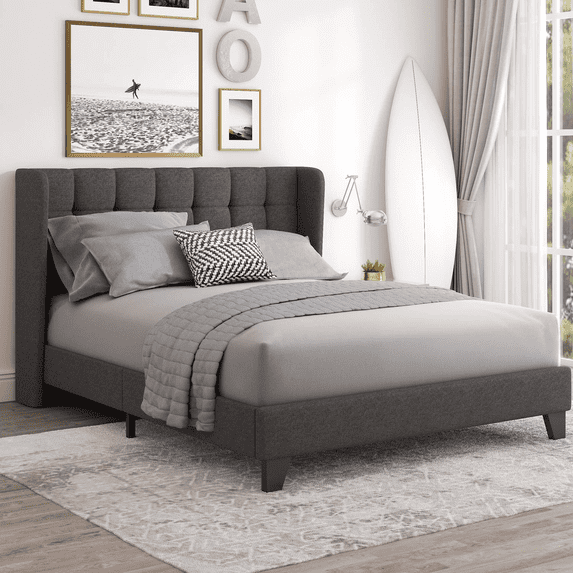 Einfach Queen Linen Fabric Platform Bed with Upholstered Wingback Headboard, Dark Grey