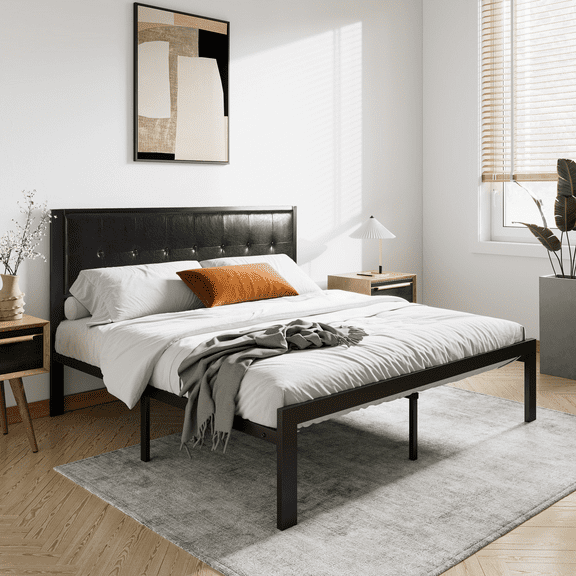 Einfach Queen Platform Bed with Faux Leather Button Tufted Square Stitched Headboard, Black