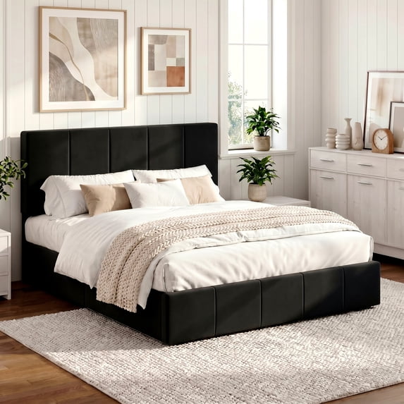Einfach Queen Size Bed Frame, Upholstered Platform Bed with Height Adjustable Headboard, Easy Assembly, Noise-Free, Black