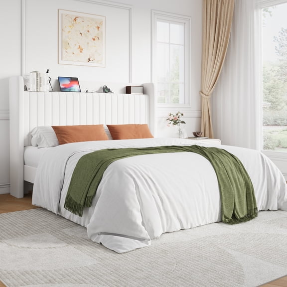 Einfach Queen Size Bed Frame, Velvet Upholstered Headboard with Charging Station & Storage Shelf, Ample Under-bed Storage Space, White