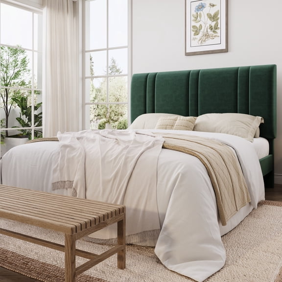 Einfach Queen Size Bed Frame with Adjustable Upholstered Headboard, Velvet Fabric, Noise-Free, No Box Spring Needed, Easy Assembly, Green
