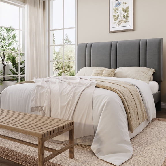 Einfach Queen Size Bed Frame with Adjustable Upholstered Headboard, Velvet Fabric, Noise-Free, No Box Spring Needed, Easy Assembly, Grey