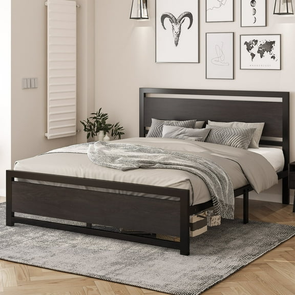 Einfach Queen Size Metal Platform Bed Frame with Wooden Headboard & Footboard, Black Oak