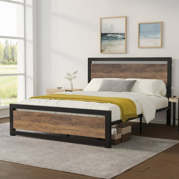 Einfach Queen Size Metal Platform Bed Frame with Wooden Headboard & Footboard, Brown