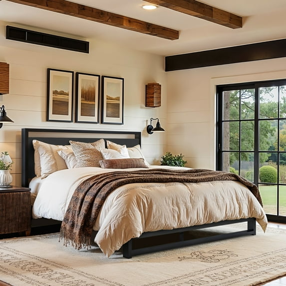 Einfach Queen Size Bed Frame with Modern Wooden Headboard,Black,No Box Spring Needed