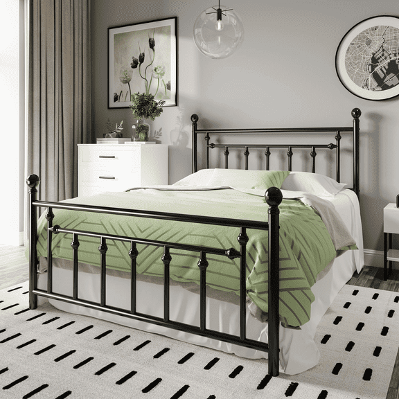 Einfach Queen Size Metal Platform Bed Frame with Victorian Style Headboard & Footboard, Under-Bed Storage, Black