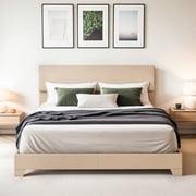 Einfach Queen Size Beige Fabric Upholstered Bed Frame with Adjustable Headboard, No Box Spring Needed, Low