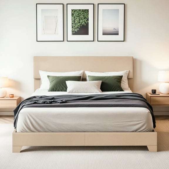 Einfach Queen Size Beige Fabric Upholstered Bed Frame with Adjustable Headboard, No Box Spring Needed, Low