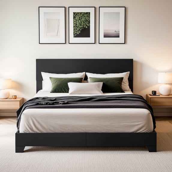Einfach Queen Size Black Leather Upholstered Bed Frame with Adjustable Headboard, No Box Spring Needed, Low