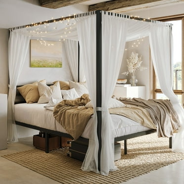 Einfach Queen Size Canopy Bed Frame with Metal Headboard,No Box Spring Needed,Black