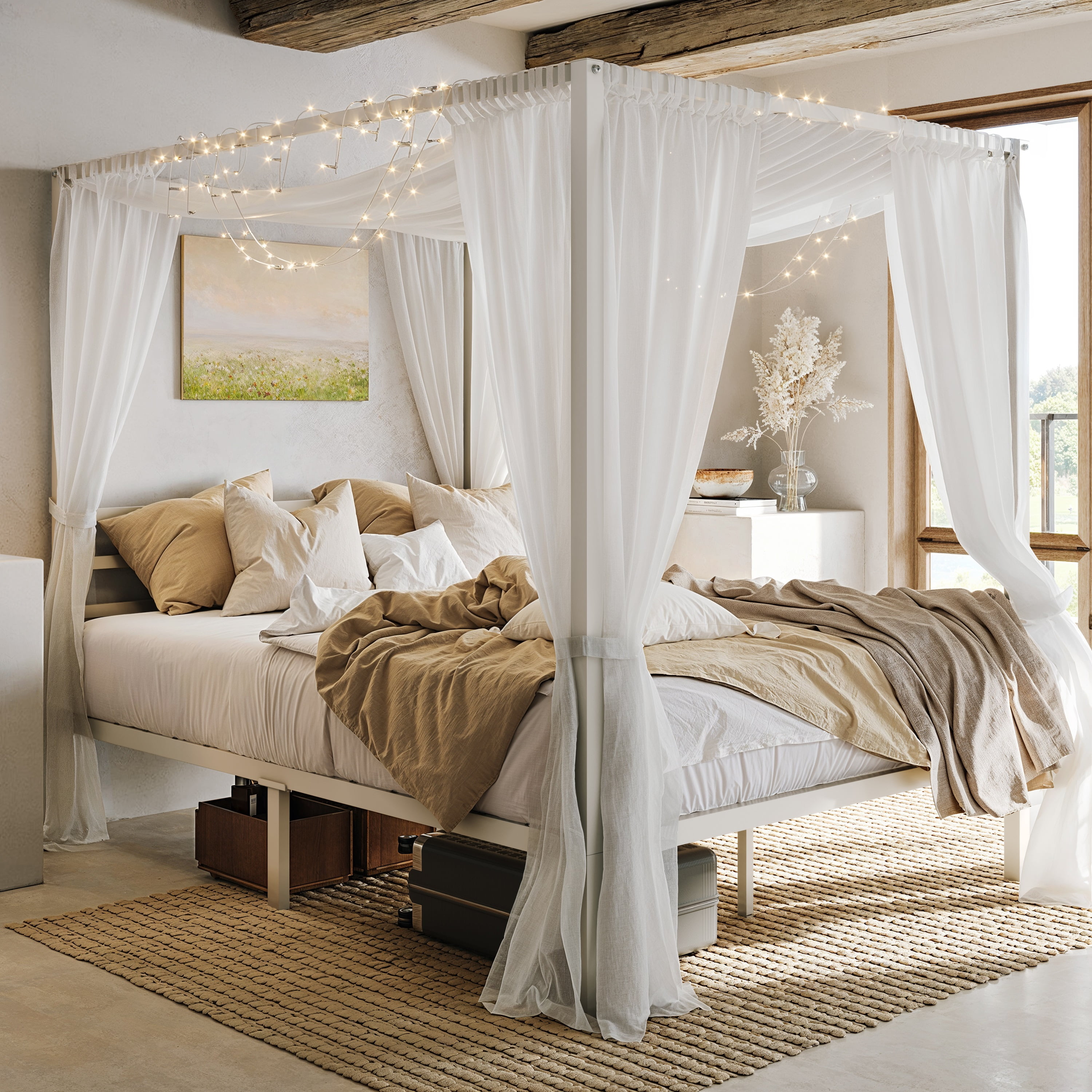 Einfach Queen Size Canopy Bed Frame with Metal Headboard, No Box Spring Needed, White
