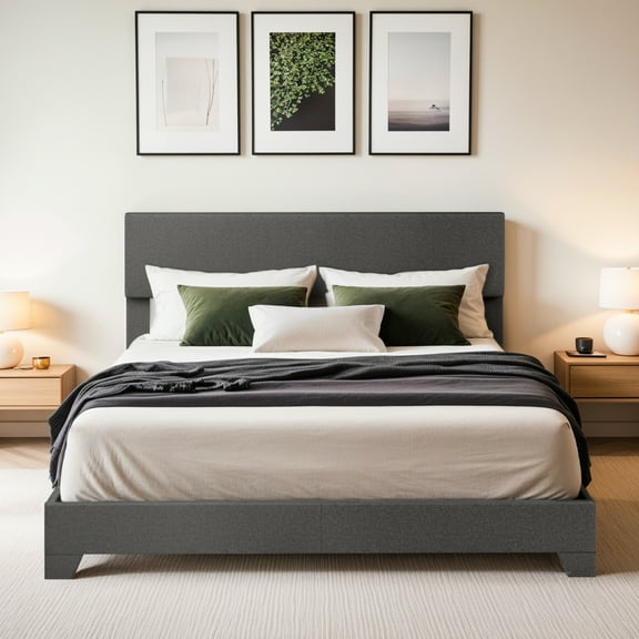 Einfach Queen Size Fabric Upholstered Bed Frame with Adjustable Headboard, No Box Spring Needed, Deep Grey, Low