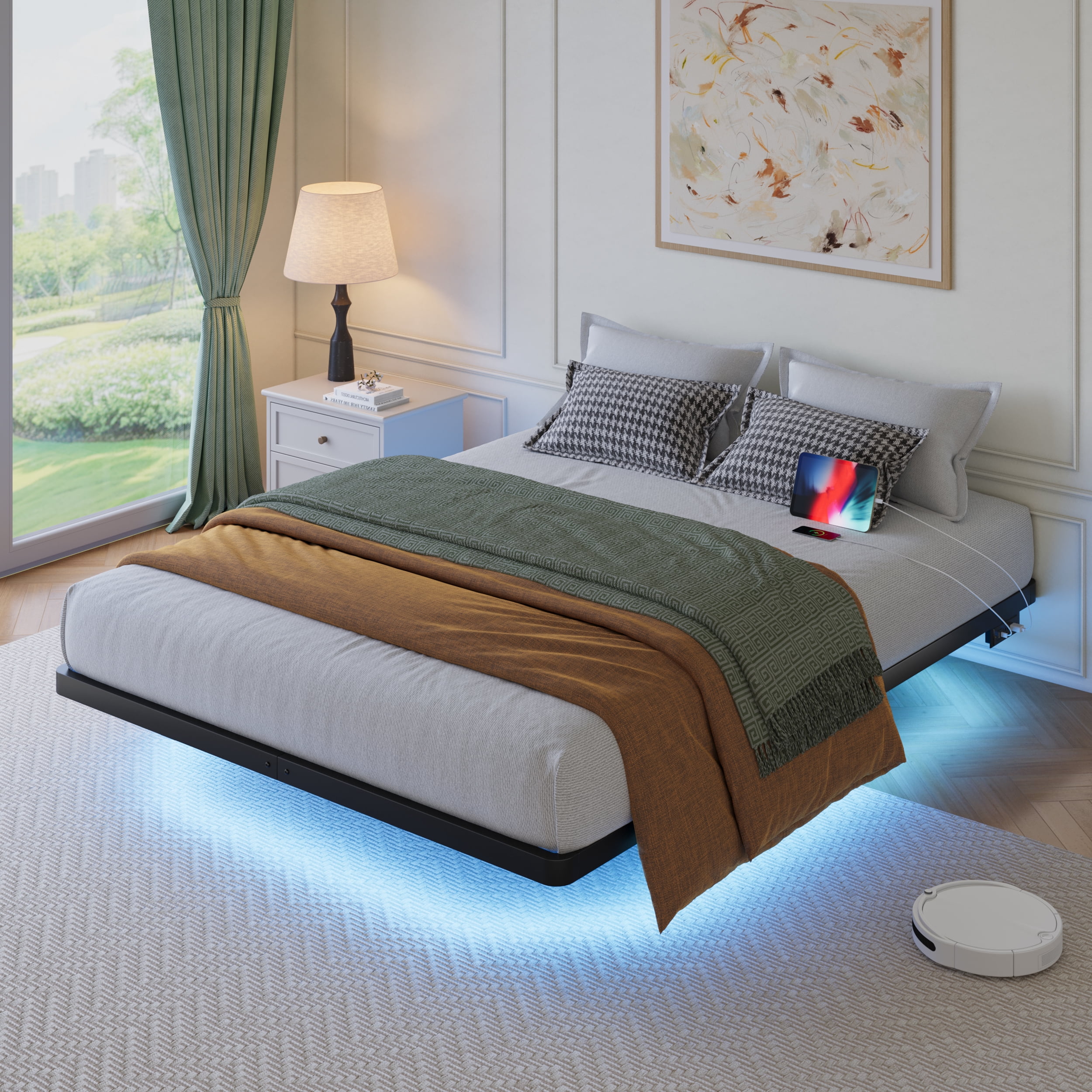 Einfach Queen Size Floating Bed Frame with Smart LED Light and Built-in ...