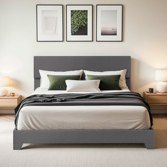Einfach Queen Size Grey Fabric Upholstered Bed Frame with Adjustable Headboard, No Box Spring Needed, Low